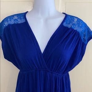Blue maternity dress with lace accents